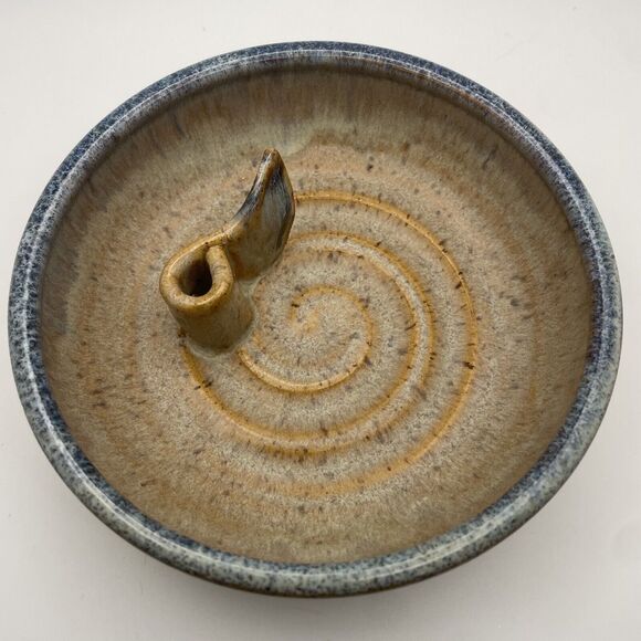 Greg Neal Studio Art Pottery Handmade Stem Dish Bowl Tan Blue Brown 1998 Vintage - Picture 3 of 4